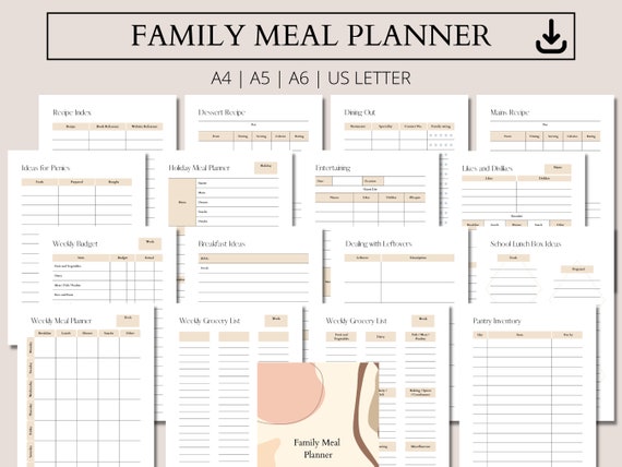 Family Meal Planner Templates: Weekly Food Journal (A4, A5, A6, US Letter) (PDF Planner)
