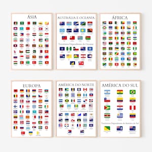Pacote de Capitais dos Continentes do Mundo、Capitais do Mundo、Pôsteres de Continentes、Quadro Bandeiras、Nomes e Capitais em Português