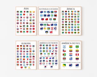 Pacote de Capitais dos Continentes do Mundo, Capitais do Mundo, Pôsteres de Continentes, Quadro Bandeiras, Nomes e Capitais em Português
