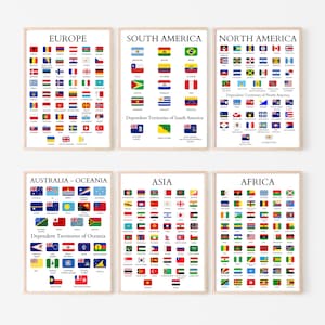 Paquete de afiches de continentes, paquete de continentes del mundo, banderas y nombres, amantes de las banderas, afiche educativo, gráfico de aprendizaje, países de la Tierra