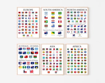 Bundle of Continents Posters, Worlds Continents Bundle, Flags and Names, Flags Lovers, Educational Poster, Learning Chart, Earth Countries