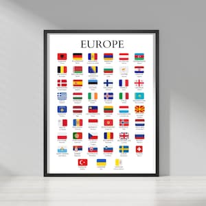 Op de afbeelding: Een ingelijste print met het woord "EUROPE" bovenaan. Daaronder toont een raster de vlaggen van verschillende Europese landen, elk met hun eigen kleuren en patronen. De vlaggen zijn gerangschikt op een witte achtergrond.