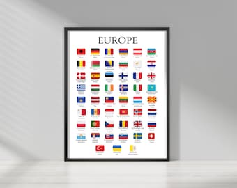 Pays et capitales d’Europe, Drapeaux et capitales d’Europe, Affiche éducative avec drapeaux, Poster géographique, Poster éducatif,  Europe