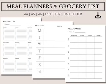 Weekly Meal Planner & Grocery List: A4, A5, A6, US Letter (PDF Print)