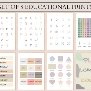 Educational Posters, Set of 8, Playroom Posters, Homeschool Educational Poster, Alphabet Poster, Montessori Prints, Neutral Nursery Wall Art