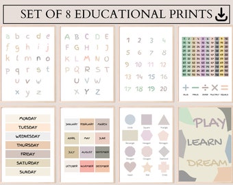 Educational Posters, Set of 8, Playroom Posters, Homeschool Educational Poster, Alphabet Poster, Montessori Prints, Neutral Nursery Wall Art