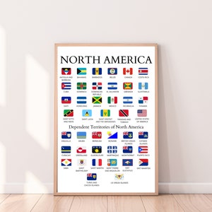 Nordamerikanische Länder, Länder Nordamerikas, Flaggen und Namen, erzieherisches, druckbares Poster, amerikanischer Kontinent, Nordamerika, Print