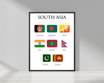 South Asian Countries, Countries of South Asia, Flags and Names, Educative Print, Learning Chart, Asian Continent, South Asia, Multiple Size