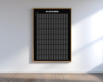 Black Poster Life in Weeks Calendar – 90 Years Life Poster | Minimalist Life Tracker Printable | Memento Mori Wall Art