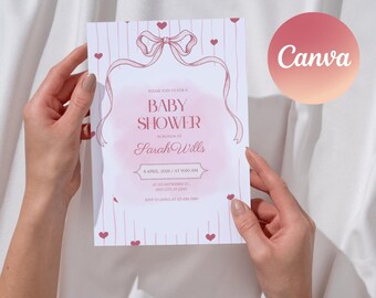 Editable Baby Shower Invitation 5x7 | Pink Ribbon Baby Shower Invite | Canva Template | Girl Baby Shower Invitation | Instant Download