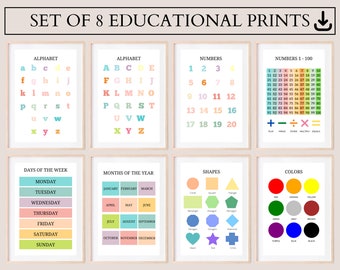Educational Posters Set of 8, Playroom Posters, Homeschool Educational Poster, Alphabet Poster, Montessori Prints, Kids Learning Poster, PDF