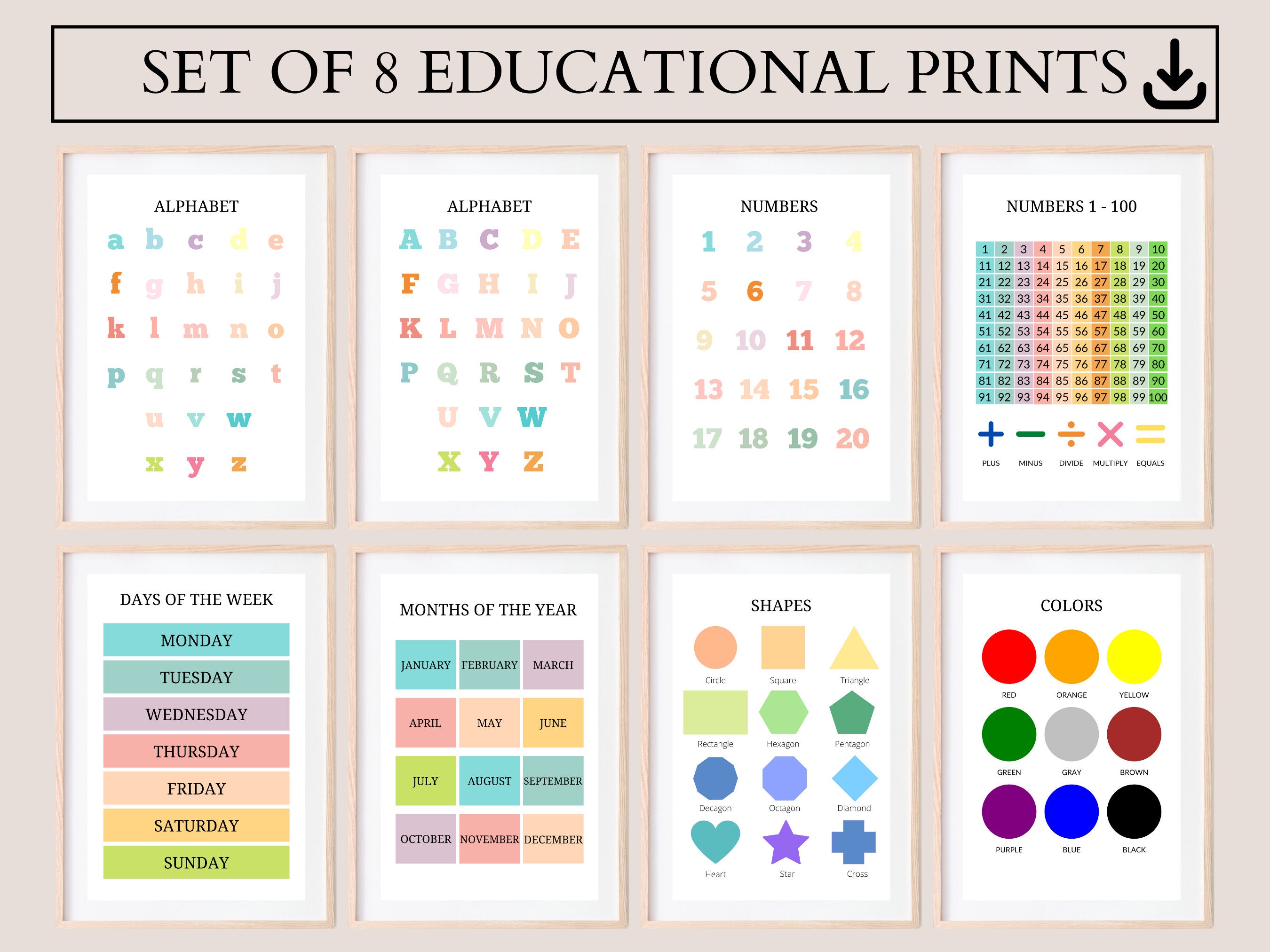 Educational Posters Set of 8, Playroom Posters, Homeschool Educational ...