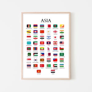 Asiatiska länder, Asiens länder, Flaggor och namn, Inlärningsschema, Utbildande, Utskrivbar poster, Asiatisk kontinent, Asien, PDF-utskrift, Länder
