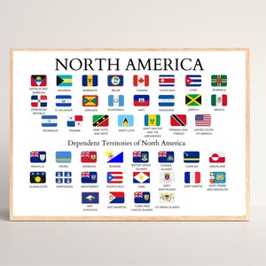 North American Countries, Countries of North America, Flags and Names, Educative, Printable Poster, American Continent, North America, Print