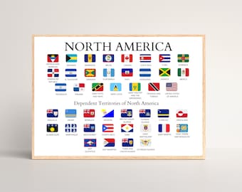 North American Countries, Countries of North America, Flags and Names, Educative, Printable Poster, American Continent, North America, Print