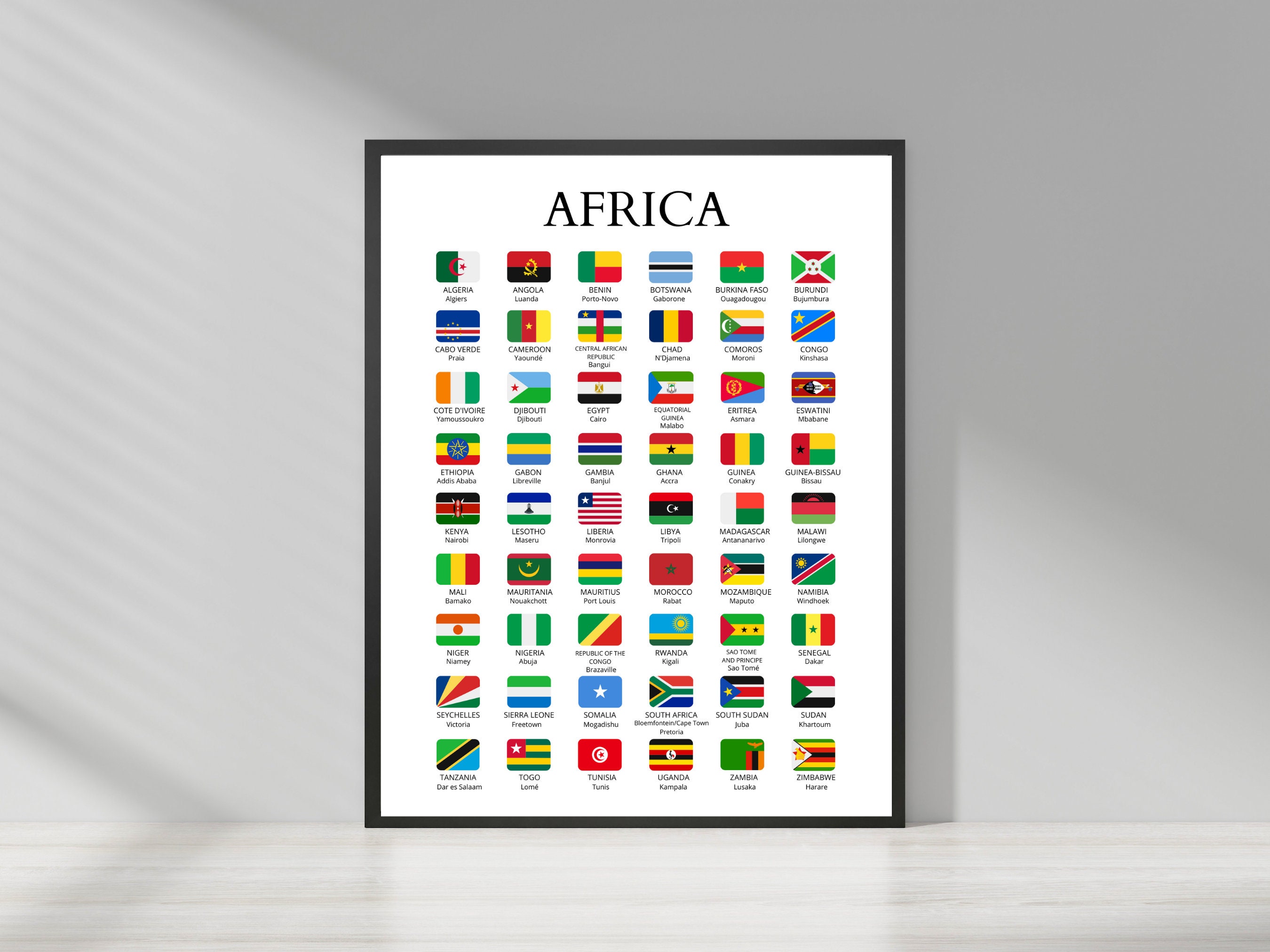 African Continent, Flags Countries and Capitals of Africa, African Capitals, African Flags, Countries of Africa, PDF Print, Educative Poster
