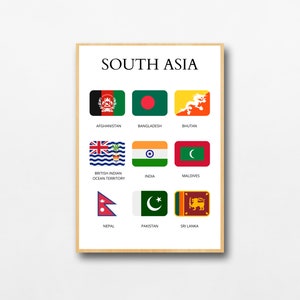 南アジアの国々、南アジアの国々、国旗と名前、教育用プリント、学習チャート、アジア大陸、南アジア、複数のサイズ