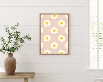 Checkered Daisy Print: Pink Flower Design Art (Digital Download)