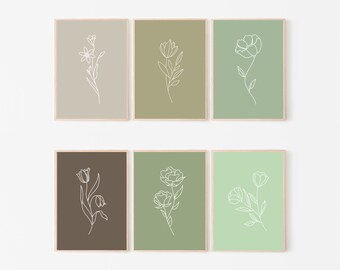 Sage Green Botanical Prints Set: Neutral Flower Gallery Wall Art (PDF)