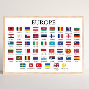 European Countries, Countries of Europe, Flags and Names, Learning Chart, Educative, Printable Poster, Europe, PNG Print,Countries, Learning