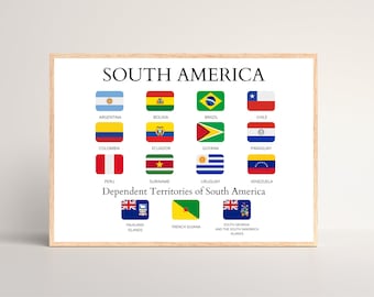 South American Countries, Countries of South America, Flags and Names, Educative, Printable Poster, American Continent, South America, Print