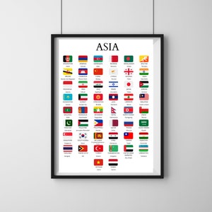 Asian Flags, Flags of Asian Countries and Capitals, Capitals and Flags, Countries of Asia, Countries & Capitals, Printable Poster, PDF Print