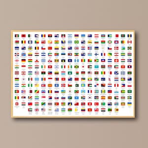 Puede incluir: Un póster enmarcado que muestra una colección de banderas de diferentes países. Las banderas se presentan en un patrón de cuadrícula, cada una con su diseño y colores únicos. El marco es de color madera clara y el fondo es neutro.