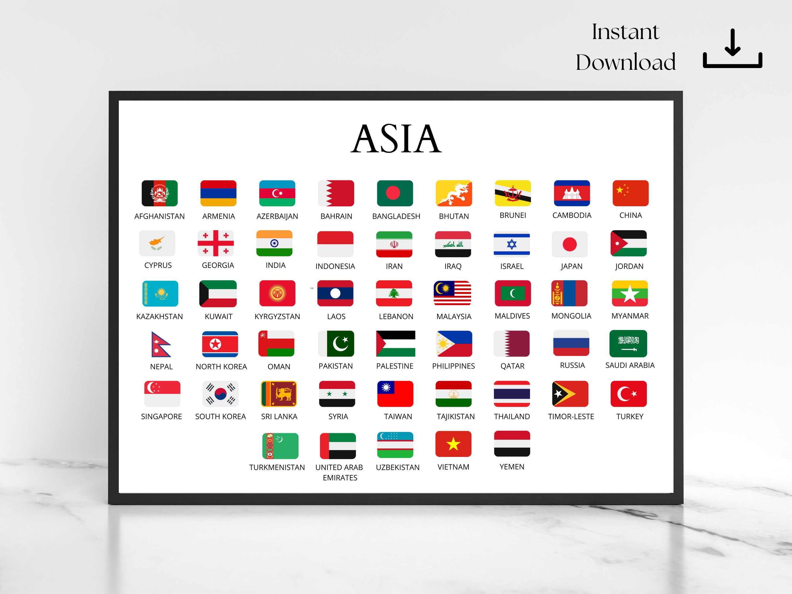 Asian Countries, Countries of Asia, Flags and Names, Learning Chart