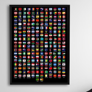 Banderas del mundo, Banderas del mundo, Países del mundo, 237 países, Banderas y nombres, Póster educativo, Cuadro de aprendizaje, Póster de arte mural