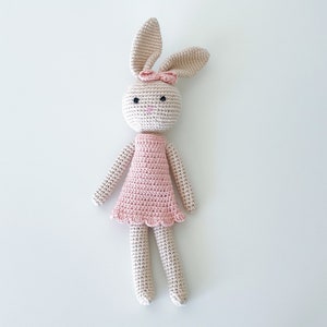 Soft Crochet Bunny Doll in Pink Dress, Handmade Baby Shower Gift, Soft Cotton Baby Toy, Crochet Doll, Cute Newborn Christmas Gift