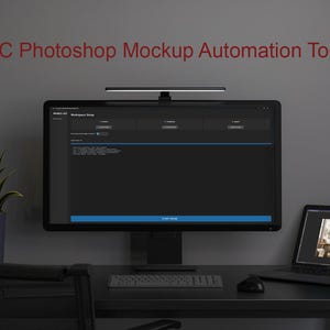 May include: A computer monitor displaying a dark interface with blue accents, a keyboard, and a mouse on a black desk. A laptop with a picture on the screen is to the right. The text "PC Photoshop Mockup Automation Tool" is at the top.