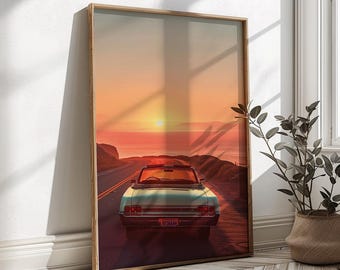 Retro Car Sunset Print | Coastal Road Trip Wall Art