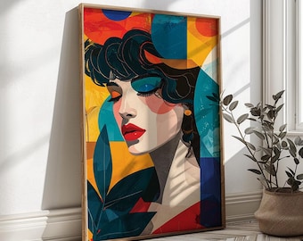 Modern Abstract Woman Portrait, Colorful Geometric Wall Art, Matisse Inspired Poster