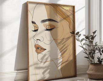 Minimal Line Art Woman Poster, Neutral Face Drawing Print, Modern Feminine Wall Art