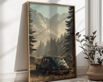 Vintage Car Landscape Art Print, Retro Travel Poster