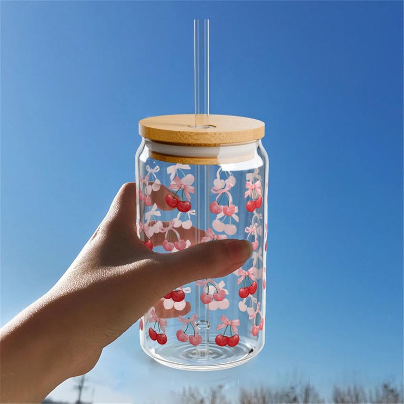 Pink Coquette Bow&cherries Glass Can Coffee Cup With Lid and Straw ...