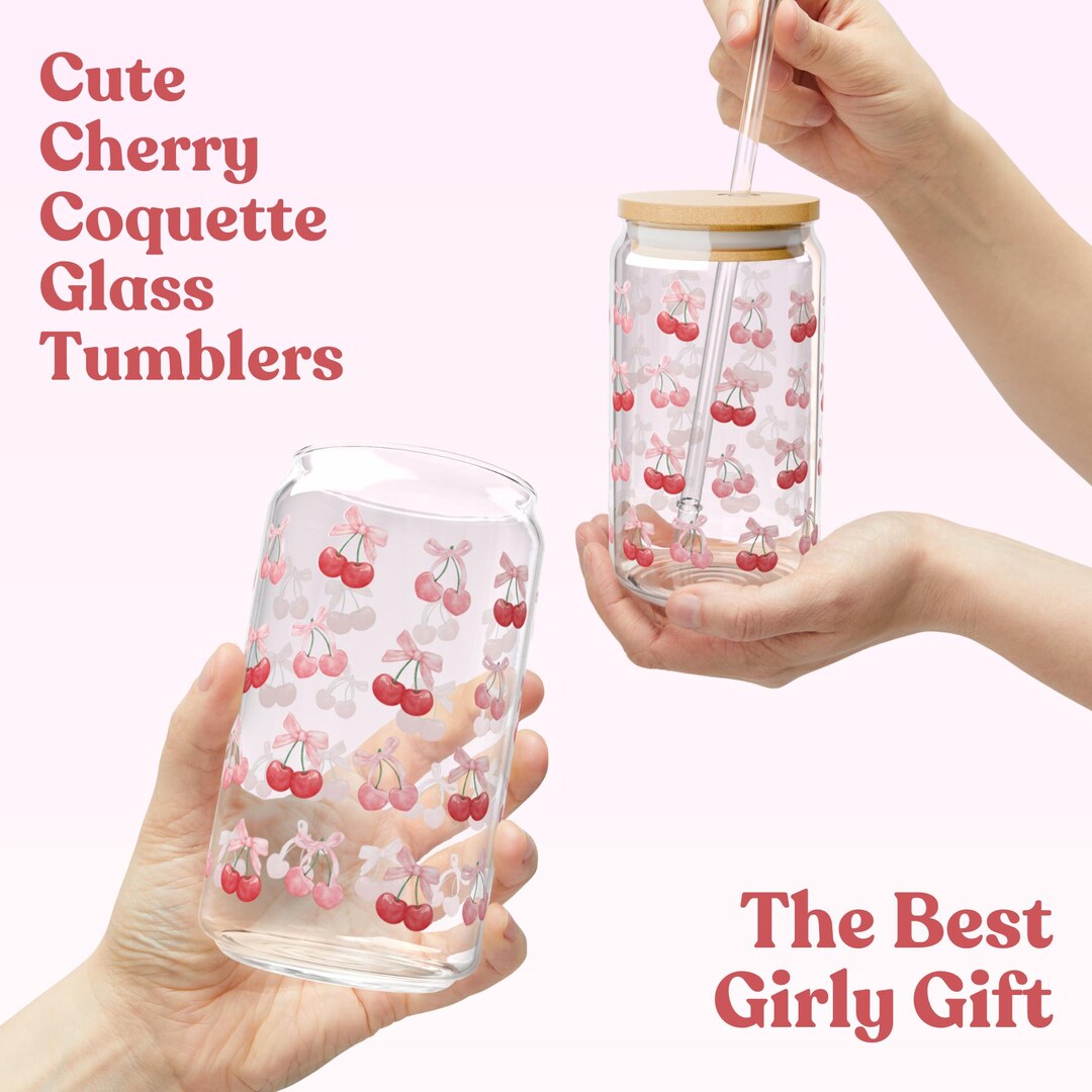 Pink Coquette Bow&cherries Glass Can Coffee Cup With Lid and Straw ...
