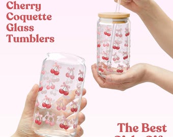 Pink Coquette Bow&Cherries Glass Can Coffee Cup With Lid And Straw | Iced Coffee Glass | Gift For Her | Iced Coffee Cup | Coquette Aesthetic