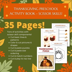 35 Page Download & Print Thanksgiving Themed Preschool Activity Book - Scissor Skills