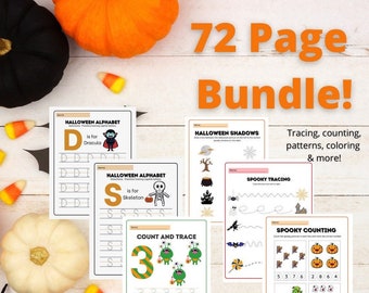 72 Page Bundle!! Download & Print Halloween Themed Preschool Activity Book AND Halloween Themed ABCs and Number Tracing Activity Book