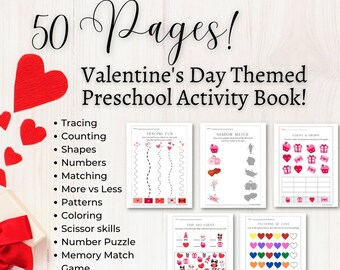 Może przedstawiać: Książka z aktywnościami dla przedszkolaków o tematyce walentynkowej z 50 stronami. Okładka zawiera tekst "50 Pages!" i "Valentine's Day Themed Preschool Activity Book!" z czerwonymi dekoracjami w kształcie serc. Aktywności obejmują śledzenie, liczenie, kształty i więcej.