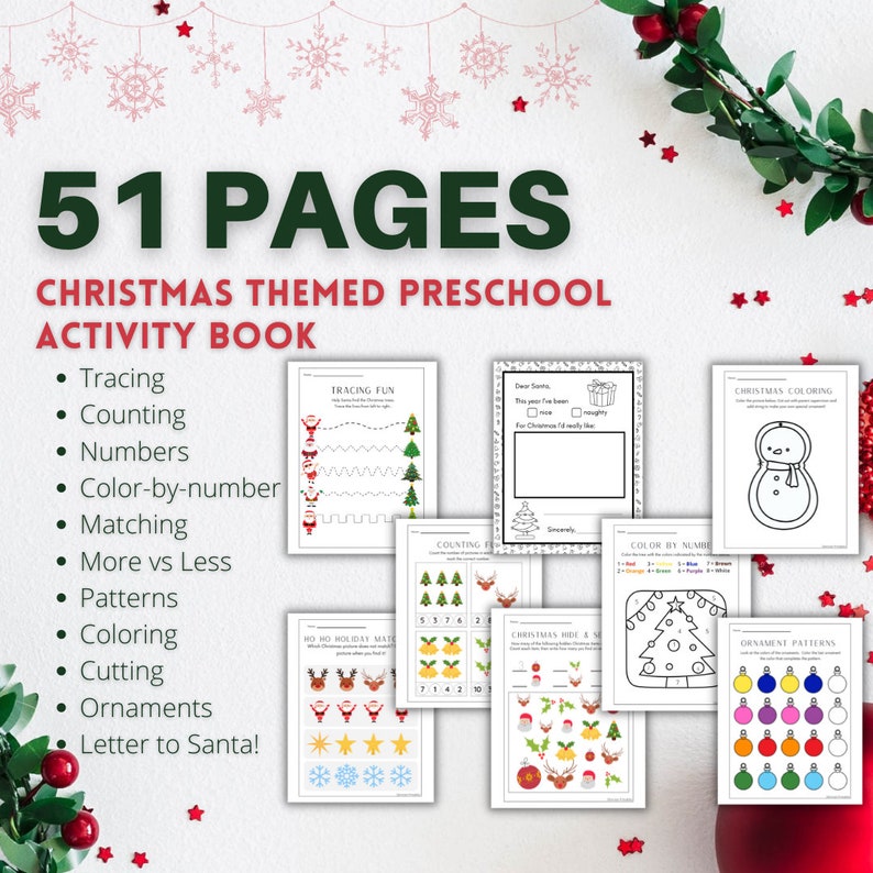 51 Page Download and Print Preschool Christmas Themed Activity Book image 1