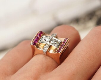 18K Gold Art Deco Ring: Antique Diamond & Ruby Statement Ring