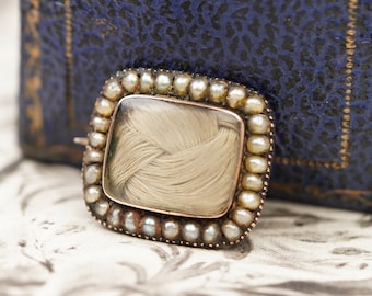 Georgian Mourning Brooch: 9k Gold, Plaited Hair & Seed Pearls