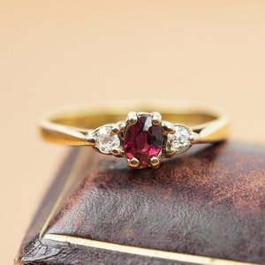 Vintage 9ct Three Stone Ring, Tourmaline and Diamonds Ring, Old Cut Diamond Ring