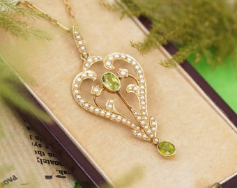 15ct Gold Victorian Necklace: Seed Pearls & Peridot Antique Pendant