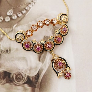 Exquisite Victorian 18k Gold Necklace with Diamonds, Rubies and Enamel, Rose Cut Diamonds and Old Cut Rubies, Black Enamel Necklace