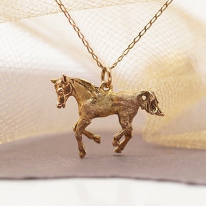 9ct Gold Horse Pendant: Antique Carved Equestrian Necklace, 1920s Hallmarked Jewelry