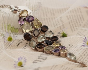 Vintage 925 Silver Gemstone Bracelet with Amethyst, Citrine, Quartz
