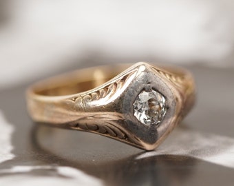 14ct Edwardian Gold Diamond Ring and Engraved Band, Antique Gold Jewelry